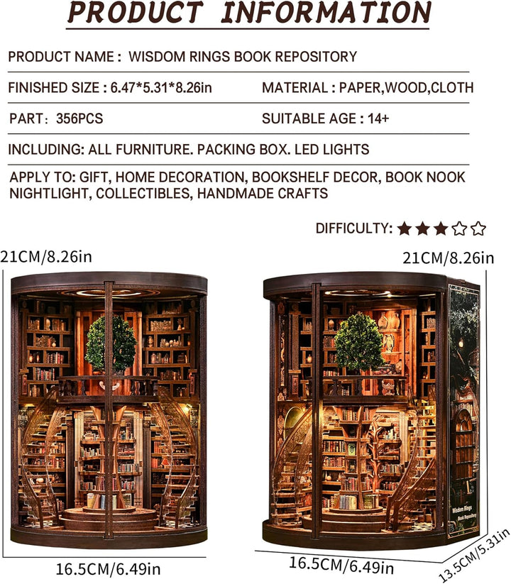 Spilay Book Nook, Runde Bibliothek DIY Miniature House | Mit LED, 3D-Puzzle, Bücherregal- & Schreibt
