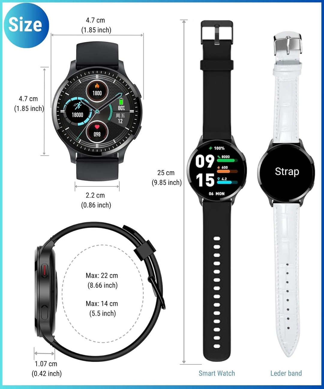 Smartwatch Herren Damen mit Telefonfunktion, 1.5" Fitnessuhr Armbanduhren Sportuhr mit Pulsmesser, M