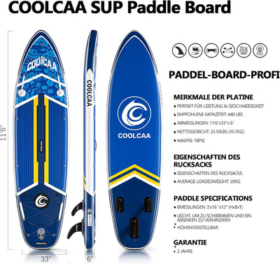 COOLCAA Stand Up Paddling Board mit Premium SUP Zubehör, Tragkraft bis 210kg, SUP Board für Erwachse