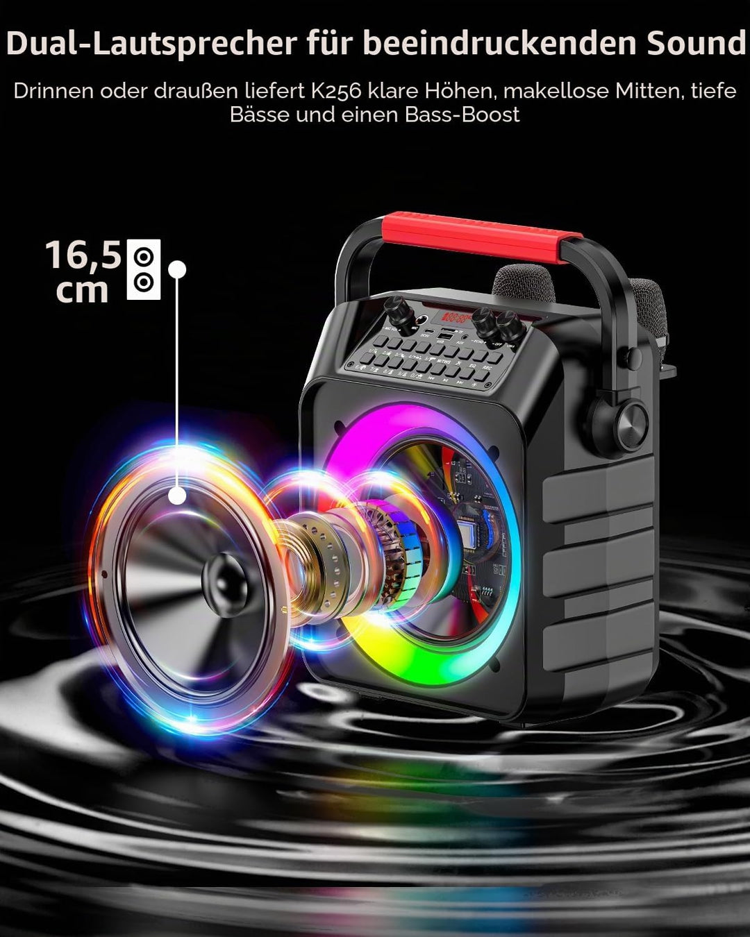 Karaoke Maschine mit 2 Mikrofonen, tragbarer Bluetooth Karaoke Anlage mit LED Lichtern,eignet Sich f