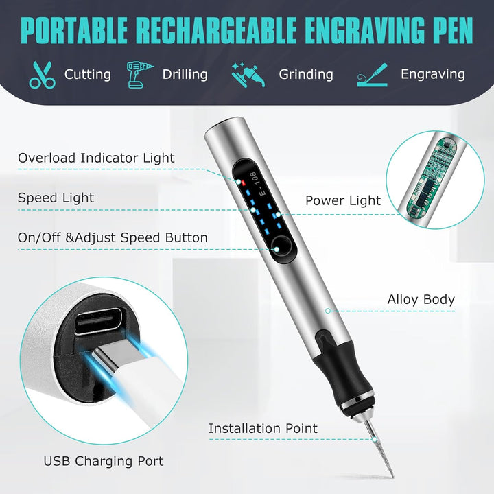 Elektrischer Gravierstift, DIY Gravur Werkzeug Set, Gravierwerkzeugsatz, USB Wiederaufladbar, Tragba