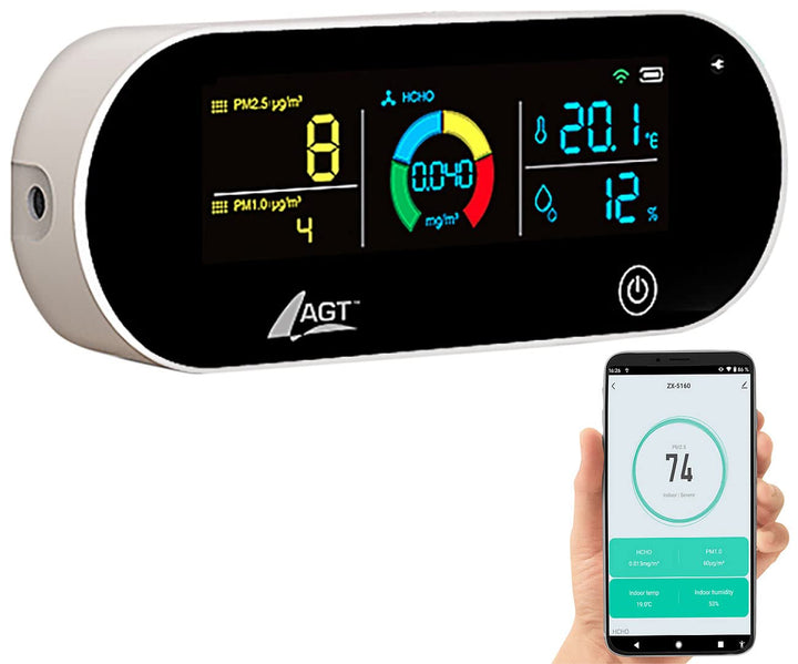 AGT Raumluftmessgerät: 5in1-Akku-Luftqualitätsmesser, HCHO, PM1/2,5, Temperatur u.v.m., App (Partike