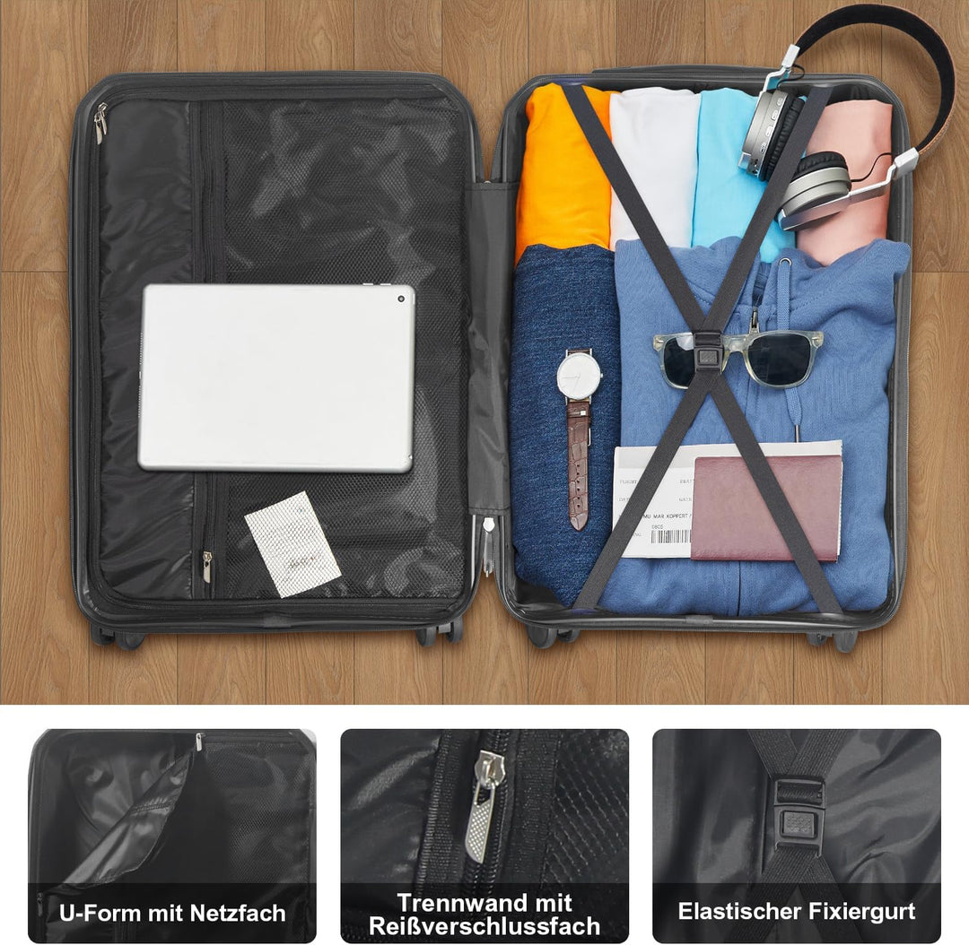 Hartschalen Kofferset 3-teilig aus Polypropylen, 55 cm 66 cm 74 cm (43L 65L 110L), mit TSA Zahlensch