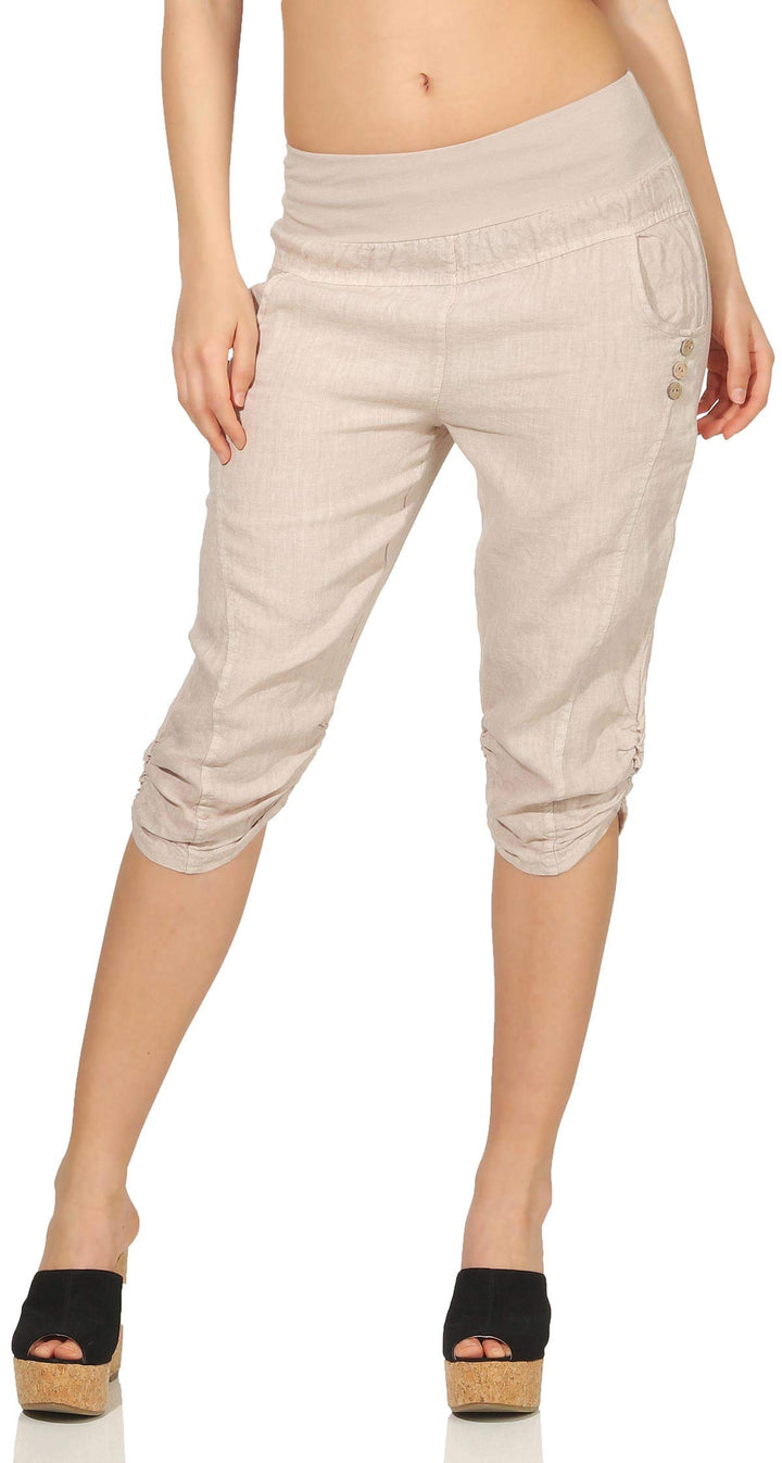 Malito Damen Hose aus Leinen | Stoffhose in Uni Farben | Freizeithose mit Knöpfen | Chino - Capri -