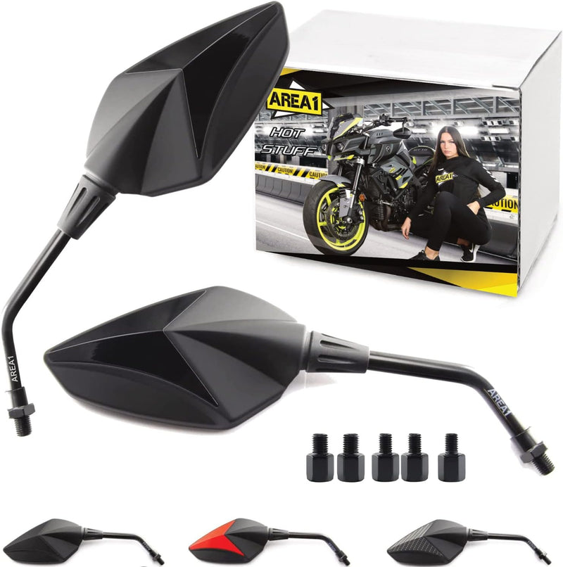 Area1 Premium Motorradspiegel schwarz Motorrad Rückspiegel Set (rechts+links) e-geprüft 2xM10 Rechts