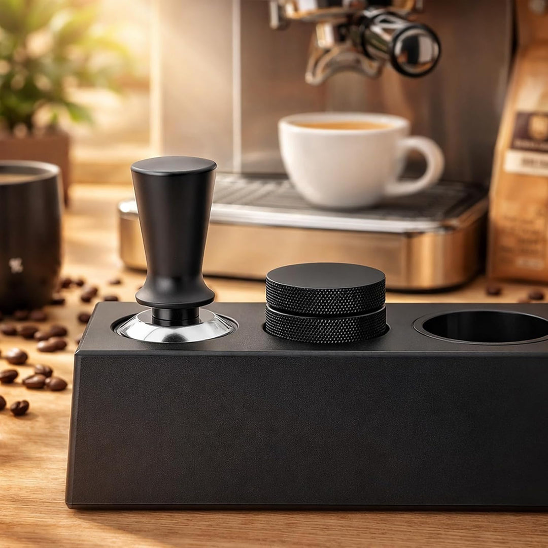 Tamperstation 51–58 mm Schwarz, Höhenverstellbare Espresso Tamping Station aus ABS, Siebträger Zubeh