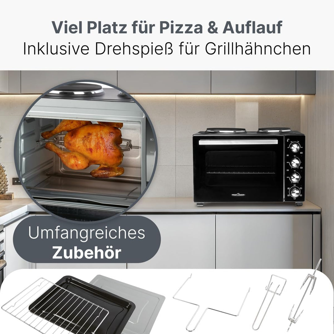 ProfiCook Minibackofen mit Kochplatten und Drehspiess | 32L | Umluft, Oberhitze, Unterhitze, Drehspi
