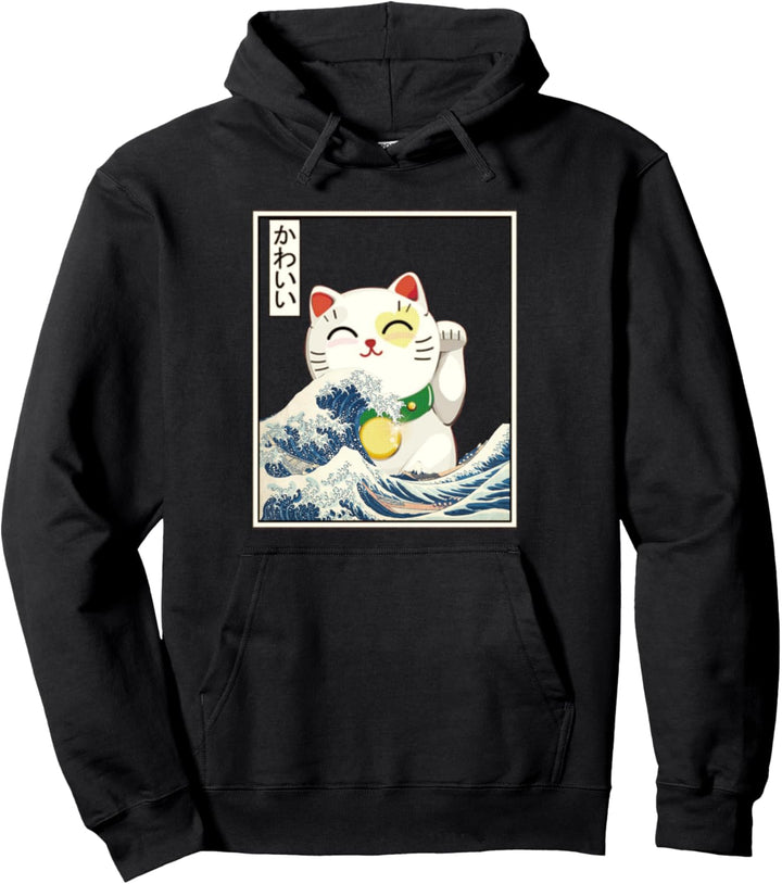 Die grosse Welle der Kanagawa Lucky Cat Maneki-Neko Japaner Pullover Hoodie