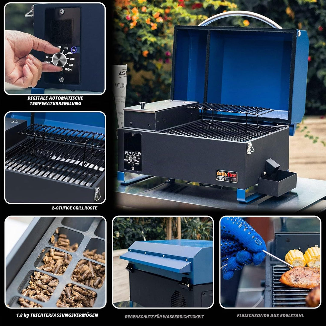 Onlyfire Pellet Smoker Grill, 8-in-1-Multifunktion Räucherofen, Pelletgrill inkl. Abdeckhaube, LED-B