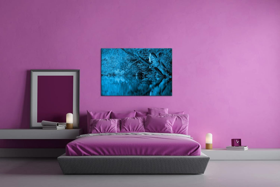 deyoli Bäume am Seeufer im Herbst Format 100x70 Effekt: Monocrome Blau als Leinwandbild, Motiv ferti