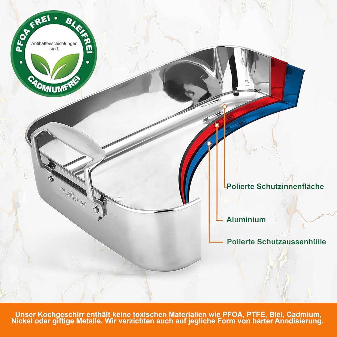 NutriChef Bräter, 38x29.5cm- Bräter mit Deckel- & Breitem Griff, Schmortopf- für Backofen & Spülmasc