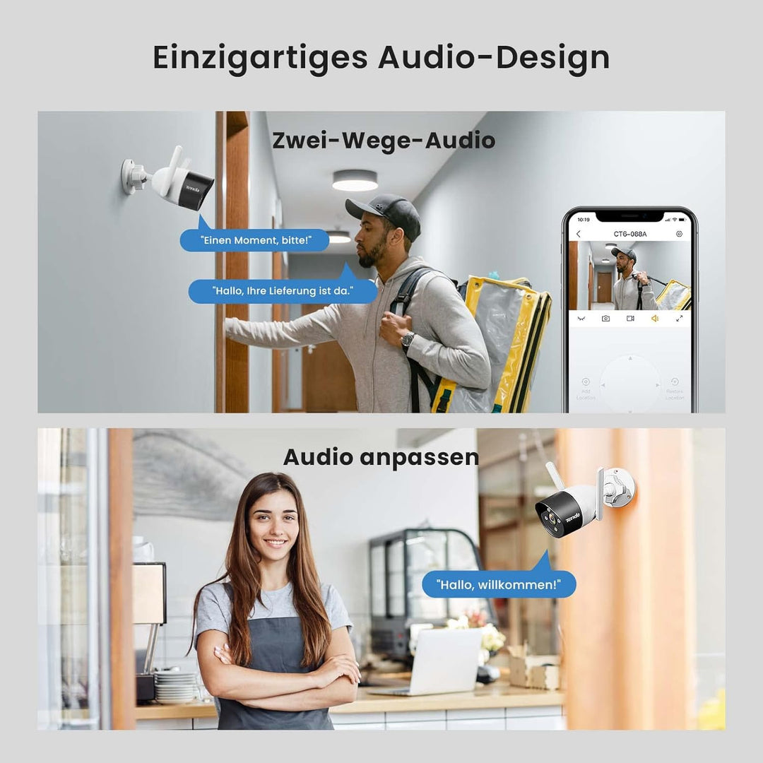 Tenda Überwachungskamera Aussen WLAN, 1080P IP Kamera mit 30m Vollfarb-Nachtsicht, Zwei-Wege-Audio,