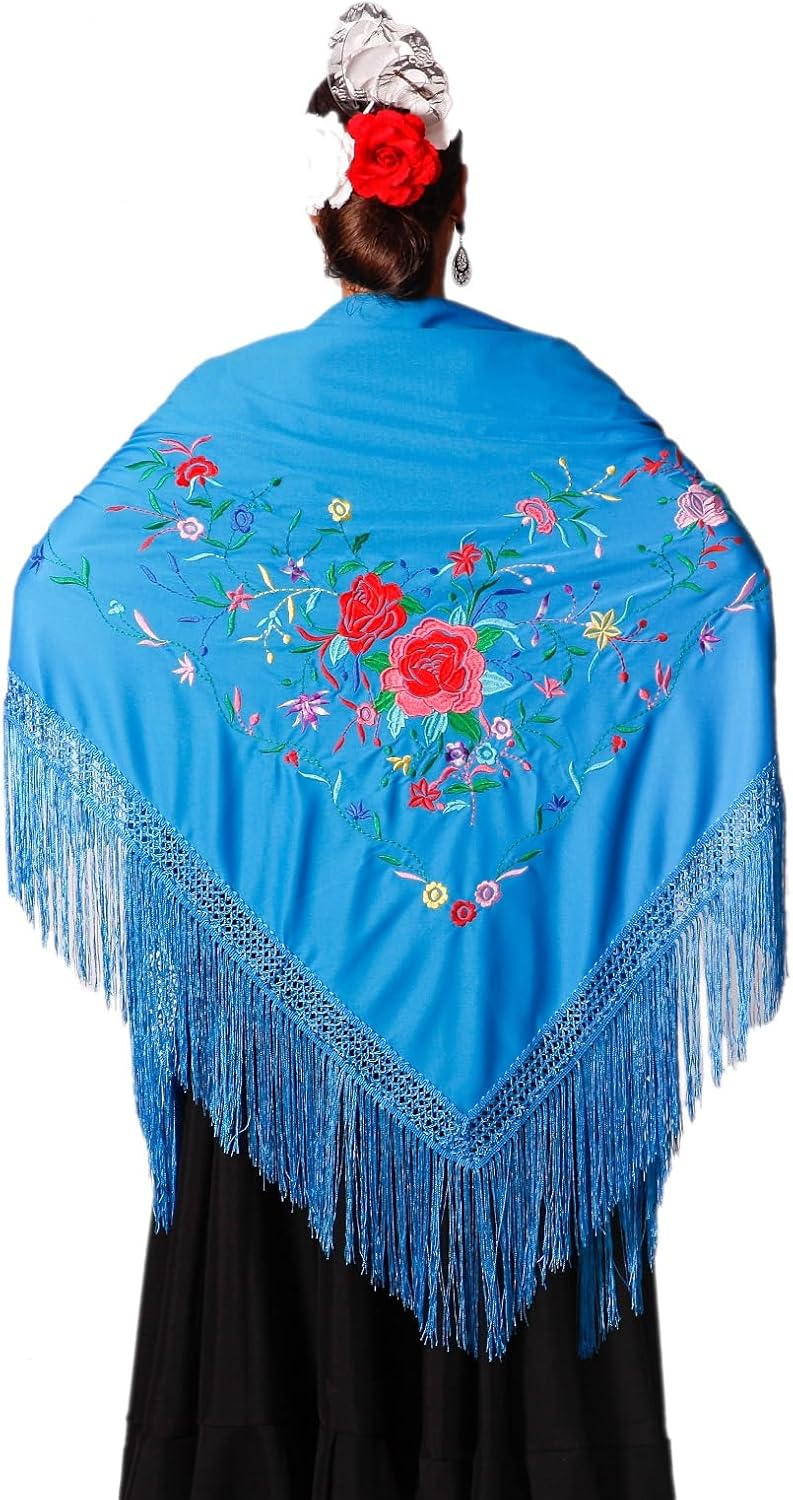 Damen Spanischer Flamenco Manila Schal, Blauer Körper, Mehrfarbige Stickerei