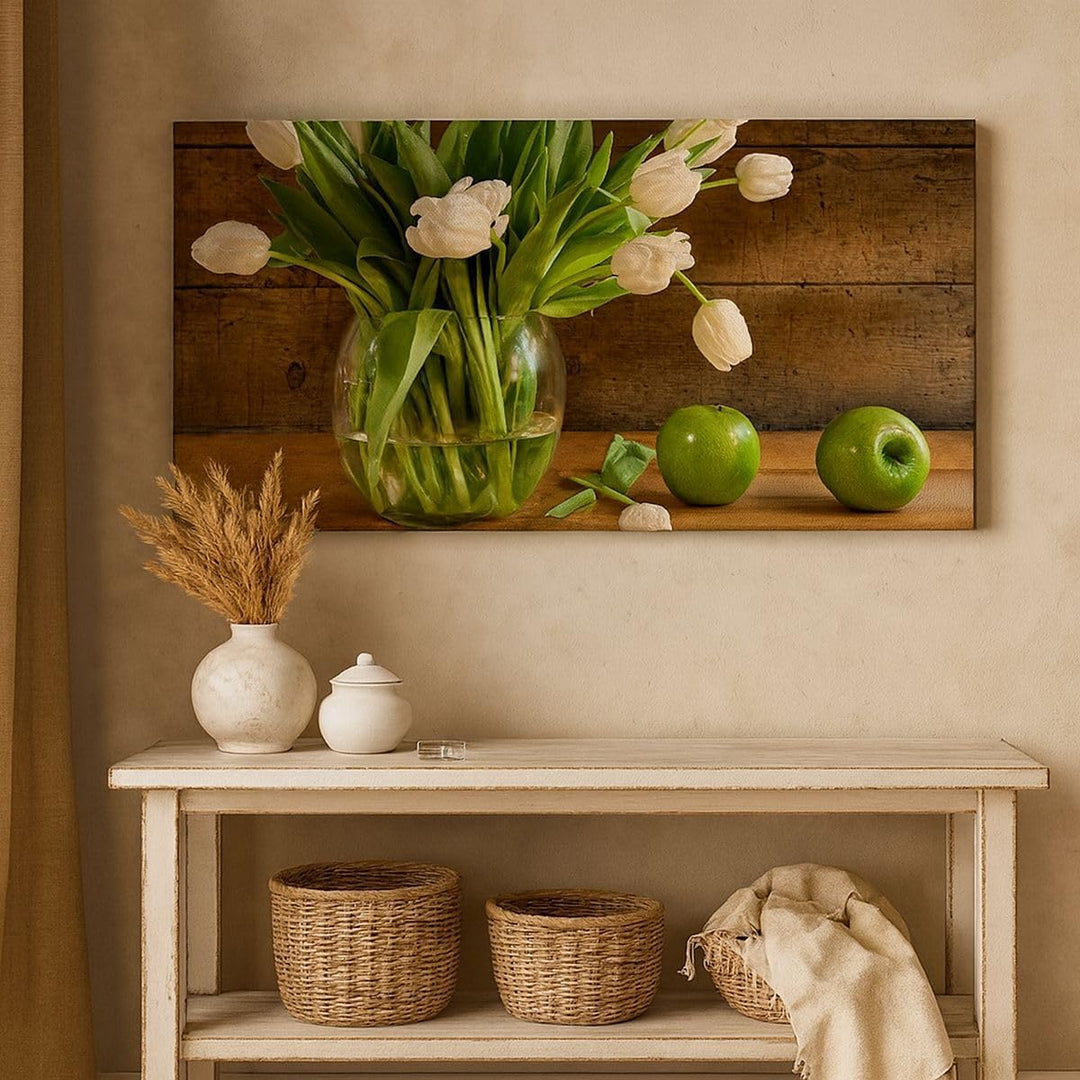 Wandbilder Dekoration Wohnzimmer Tulpen Apfel Blumenstrauss Frühling Bilder auf Leinwand 120x50cm Le