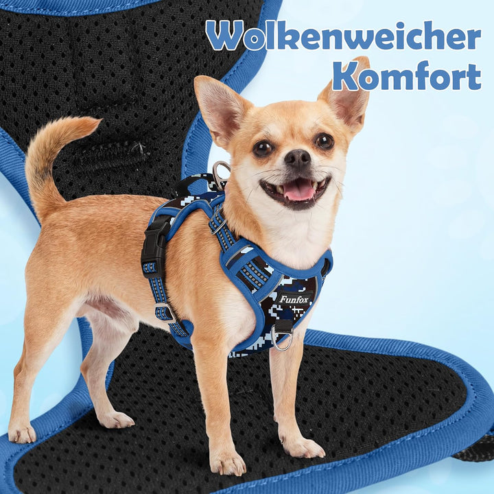 Funfox Hundegeschirr Kleine Hunde [S] - Anti Zug Welpengeschirr mit Griff &amp; Ringreflektoren, Atmungs