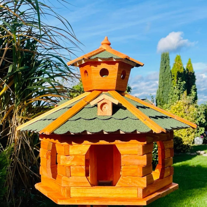 handgefertigtes Sechseck Vogelhaus aus Holz wetterfest M - XL mit und ohne Ständer, Futterhaus, Futt