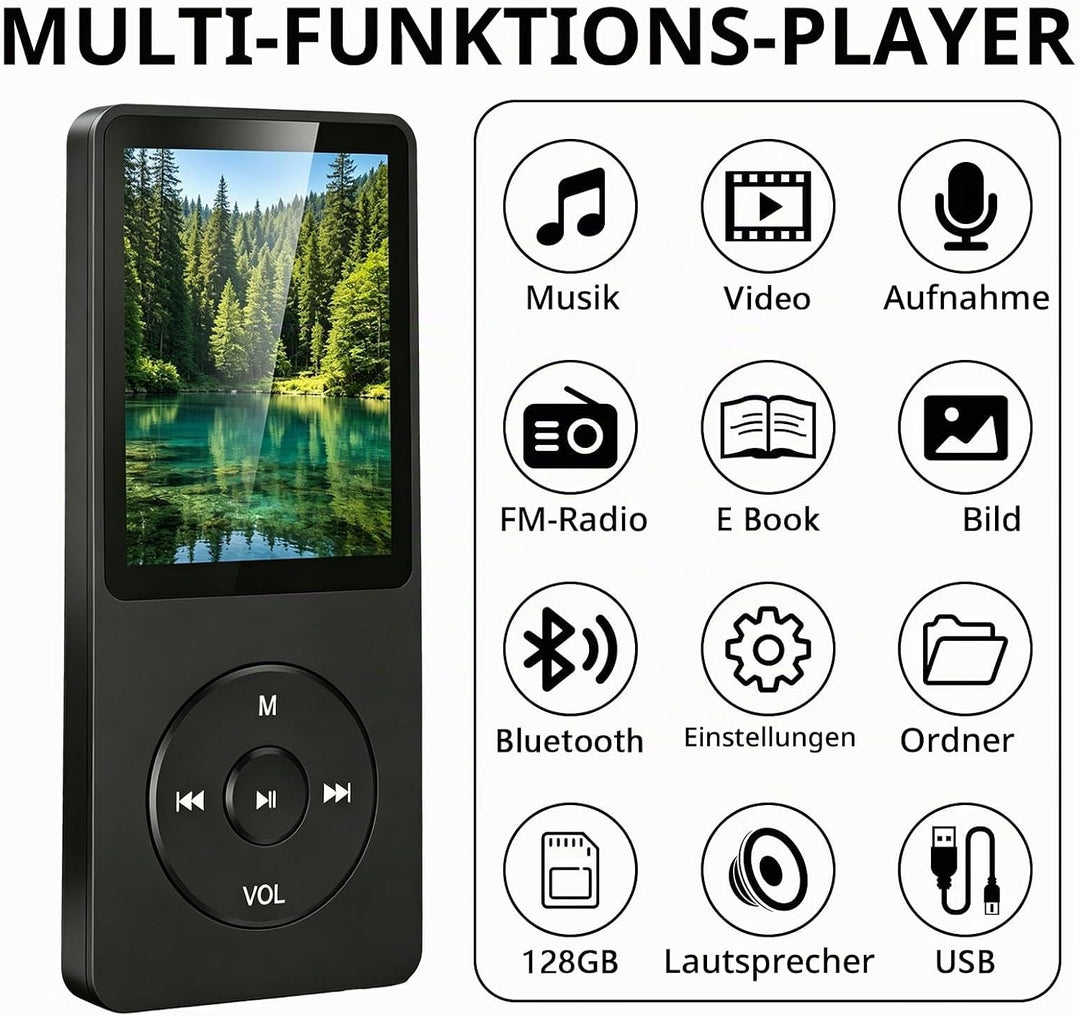 MP3 Player Bluetooth 5.3 128GB mit Lautsprecher, HiFi Musikplayer Tragbar 70H Akku, MP3 Player Sport