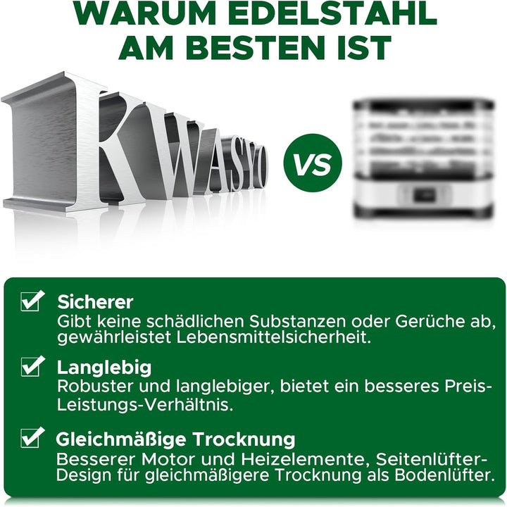 Kwasyo Dörrautomat 12 Etagen Edelstahl, 6 Voreinstellungen für Früchte, Gemüse, Fleisch, Blumen, 85°