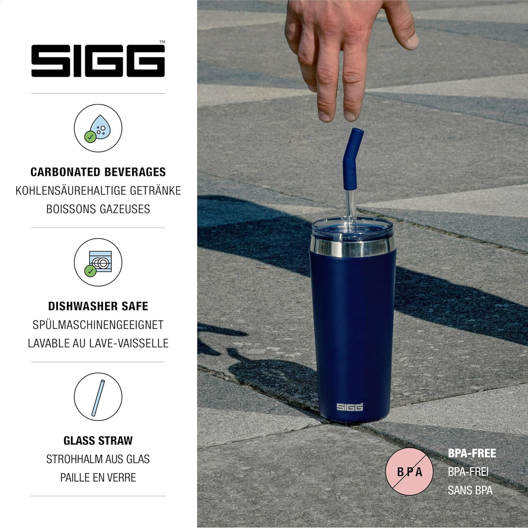 SIGG - Isolierbecher - Travel Mug Helia - Mit wiederverwendbarem Glastrinkhalm & Reinigungsbürste -