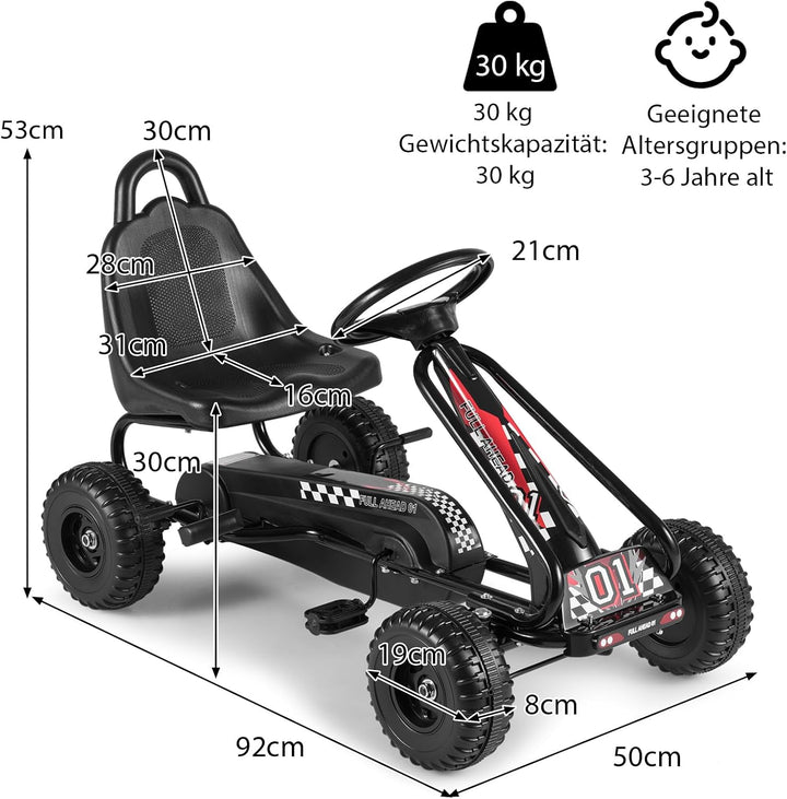 COSTWAY Gokart mit verstellbarem Sitz, Go Kart mit Handbremse, Tretauto bis 30 kg belastbar, Pedal G