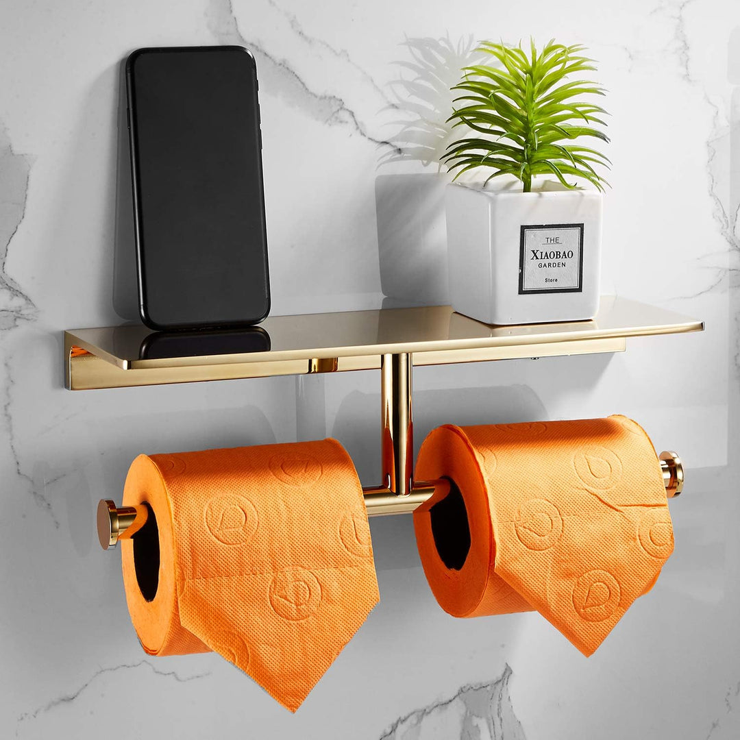 Doppelrollen-Toilettenpapierhalter mit Ablage aus massivem Messing und erstklassigem Papiertaschentu