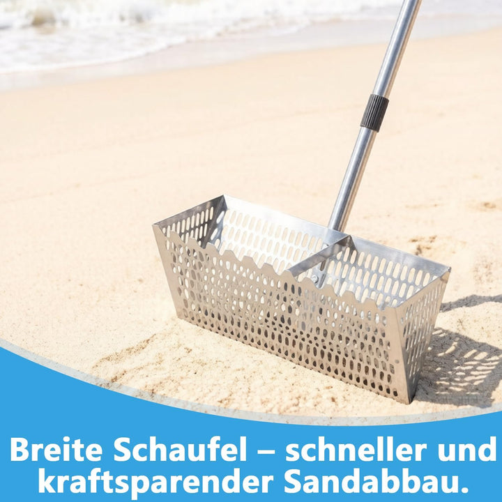 Sandflohrechen für den Strand, Sandschaufel und -sieb aus Edelstahl, extra grosser, 40 cm breiter Re