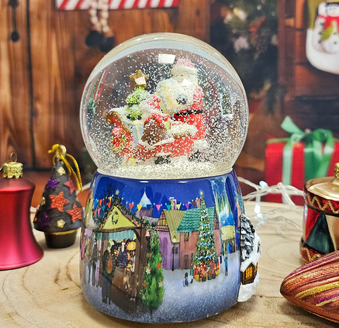 Schneekugel Weihnachten Spieluhr | Christmas Shopping Weihnachtsmarkt Weihnachtsmann | Sockel mit Po