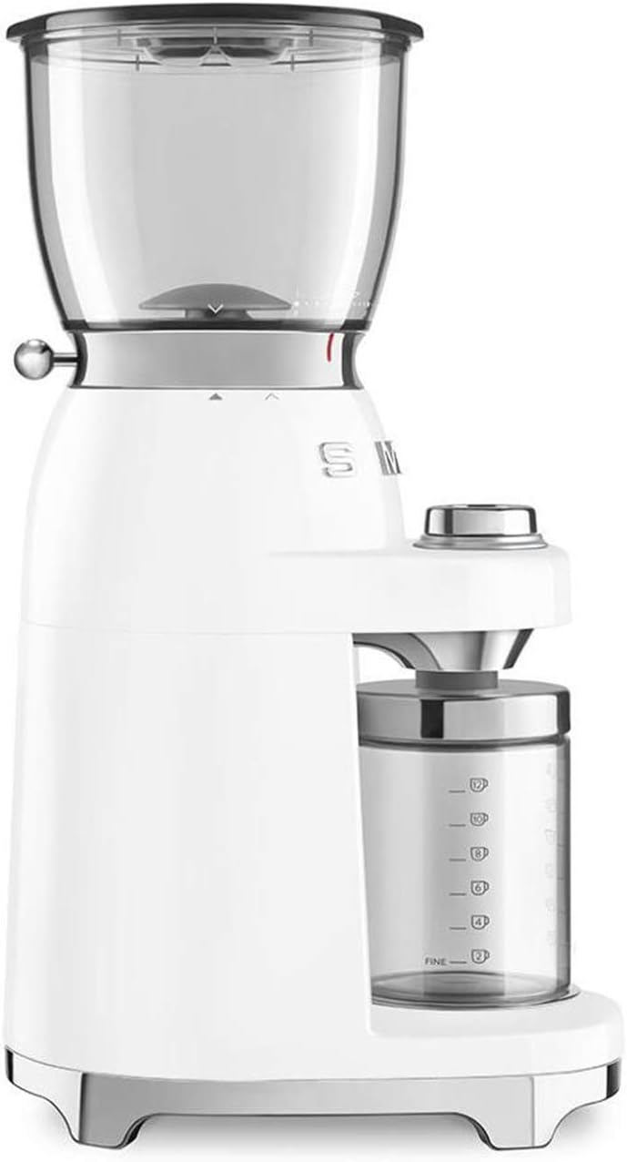 SMEG, Kaffeemühle CGF01WHEU, konisches Edelstahlmahlwerk, 30 Mahlgrad Einstellungen, 350 g Kaffeeboh