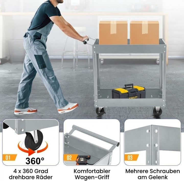 Werkzeugwagen Rollbar 2 Ebenen, Bis 150 kg Belastbar, Metall Werkstattwagen Mit Rollen, Schwerlast S