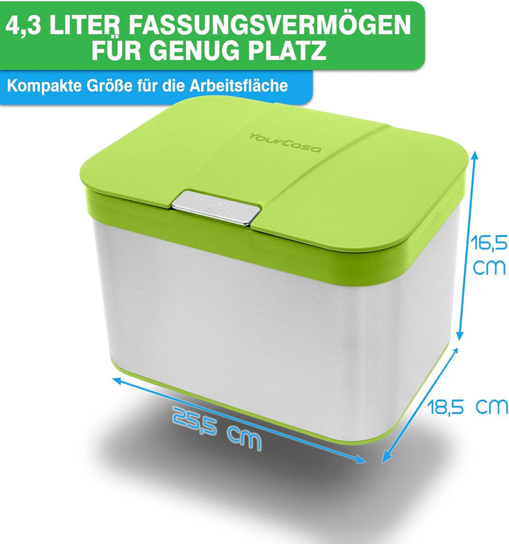 YourCasa® Biomülleimer Küche 4,3 L aus Edelstahl - geruchsdichter Bio Mülleimer mit Deckel & spülmas