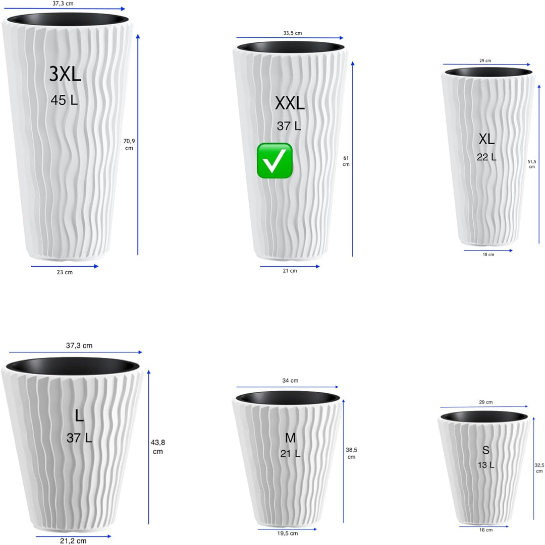 MELTOM Blumentopf mit vertikaler Wellenoptik herausnehmbarem Einsatz Hoch 3D Effekt in Weiss XXL: (D