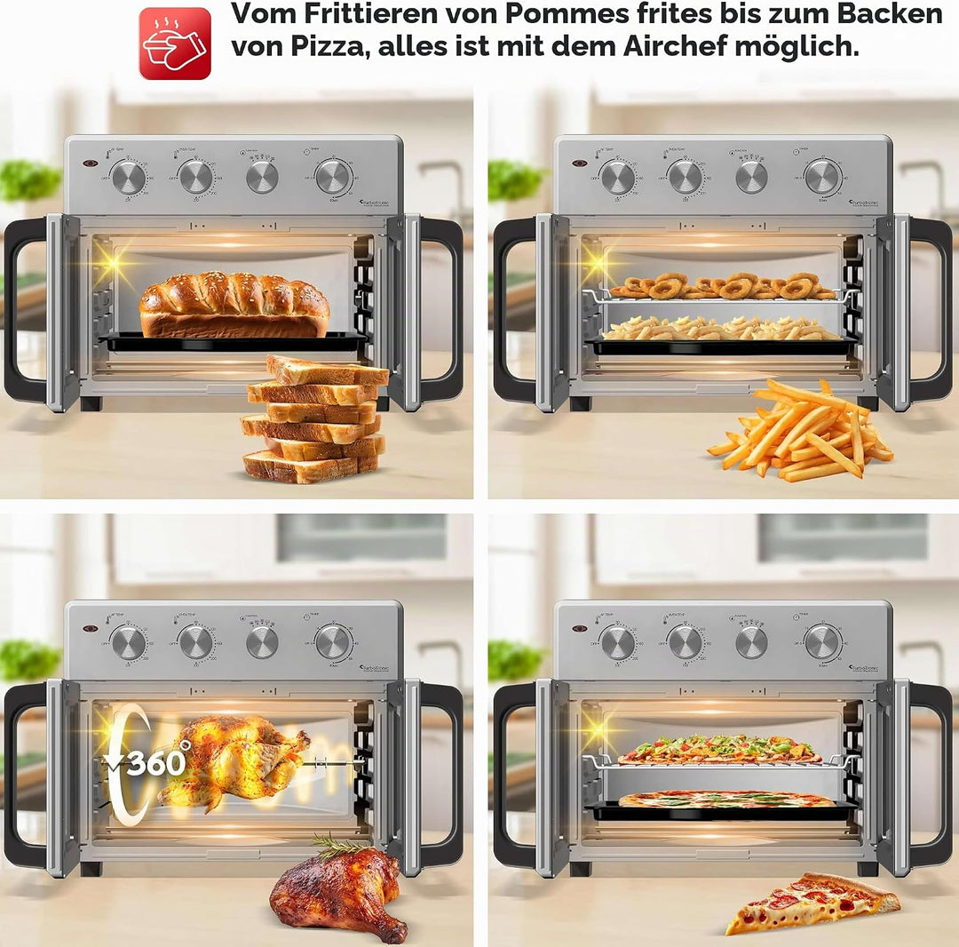 TurboTronic digitaler Heissluftofen - XXL 32 Liter mit Drehspiess für Hähnchen 4in1 Mini Backofen &amp;