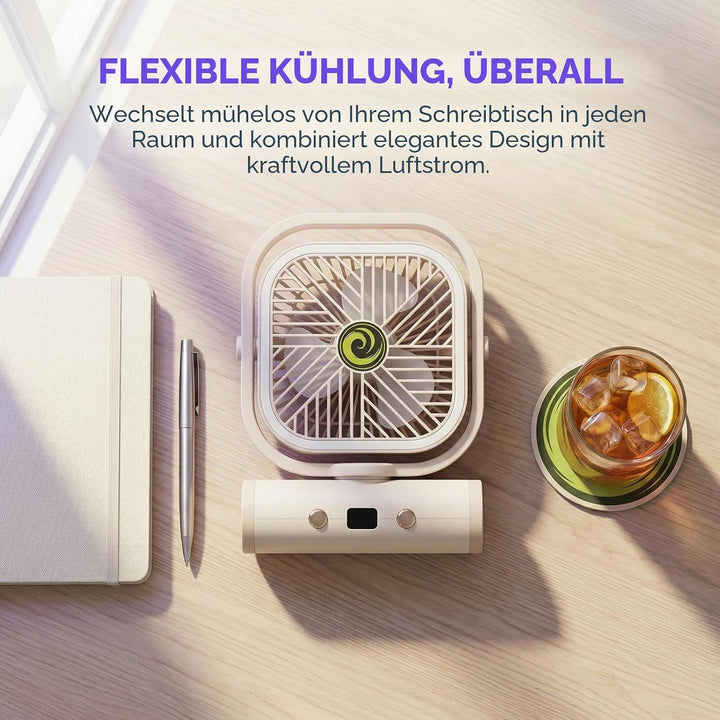 USB Tischventilator Klein 2400mAh, Camping Ventilator, Tischventilator Sehr Leise, Schreibtischventi
