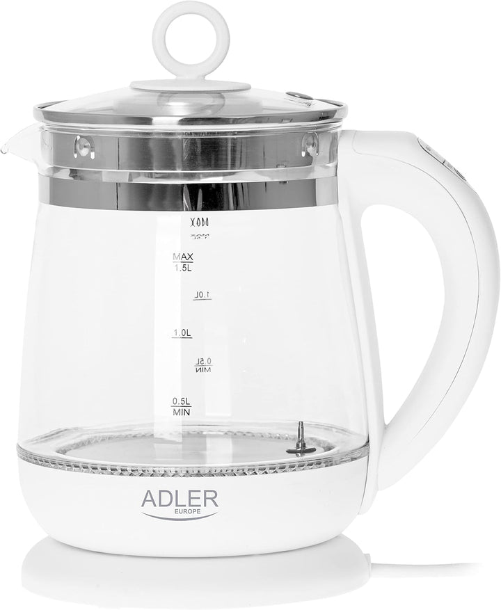 ADLER AD 1299 Elektrischer Wasserkocher aus Glas 1,5 Litern, Beleuchteter Innenraum, Teesieb, Temper