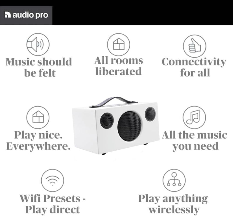 Audio Pro Addon T3+ White - Tragbarer Lautsprecher mit Bassreflexbox, Bluetooth & WiFi - Kabelloser