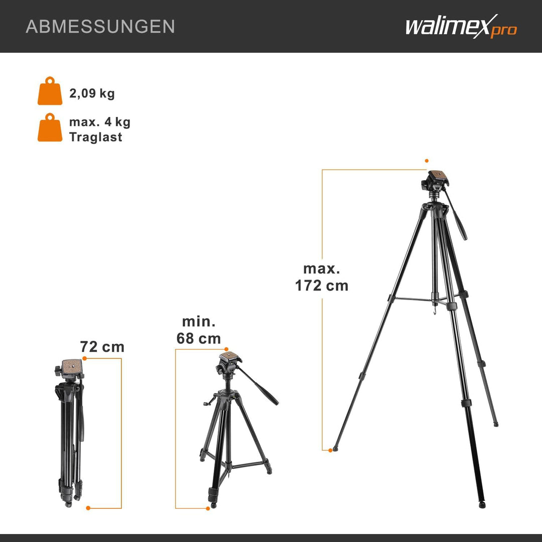 Walimex FW-3970 Semi-Pro Stativ mit Neiger, Kamerastativ höhenverstellbar bis 172 cm, Fotostativ bel
