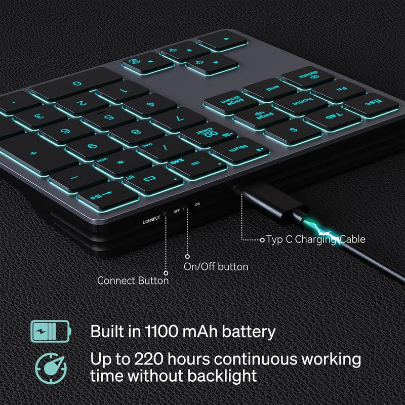 Doohoeek Bluetooth& 2.4G Nummernblock mit Hintergrundbeleuchtung für Laptops und Computer, Dual Mode