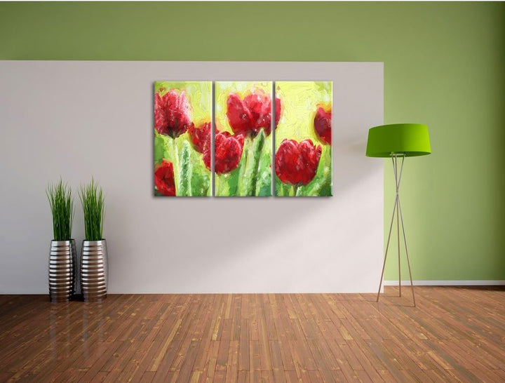 Pixxprint Rote Tulpen mit Tropfen bedeckt / 3-Teilig/Gesamtmass 120cm Leinwandbild bespannt auf Holz