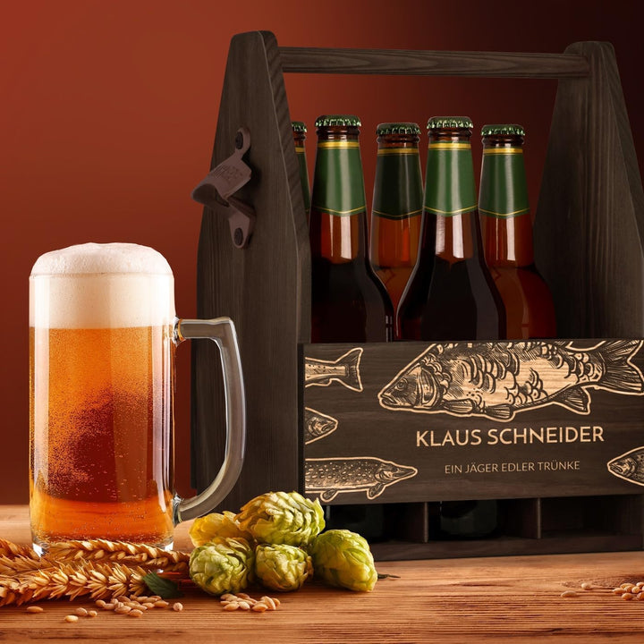 Murrano Bierträger für 6 Flaschen 0,5L mit Gravur - Männerhandtasche mit Flaschenöffner - Grösse: 25