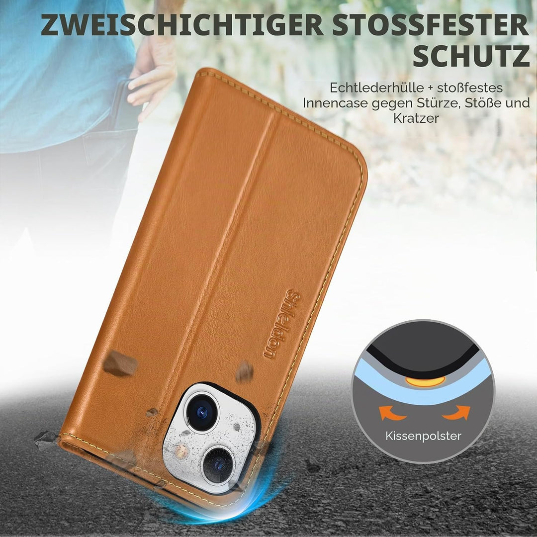 SHIELDON Hülle für iPhone 13 Mini, Schutzhülle [Rindsleder] [Stossfest] [Kartenfächer] [Magnetversch