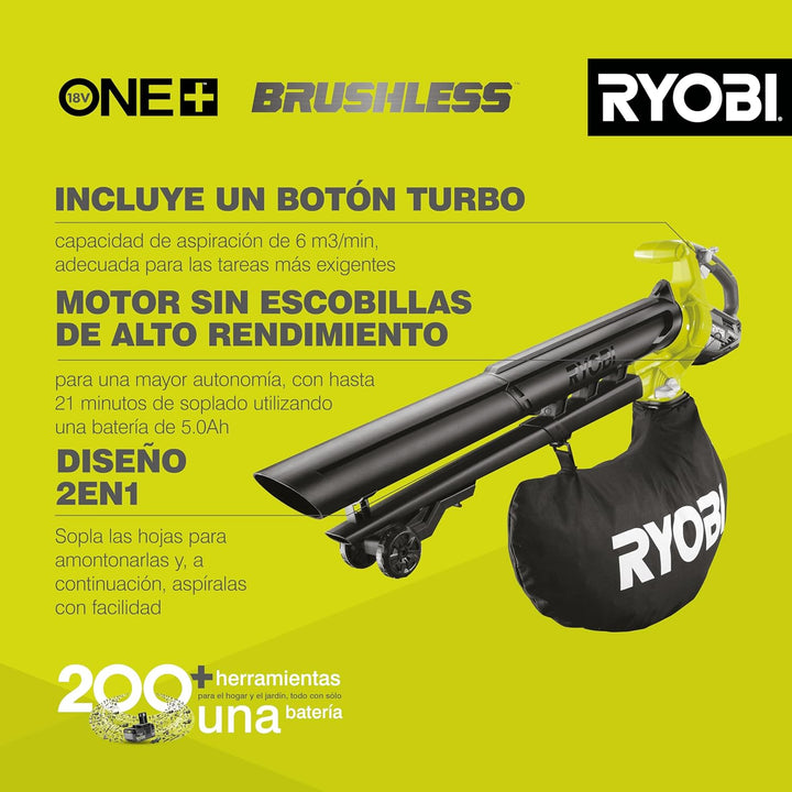 RYOBI 18 V ONE+ Brushless Akku-Laubsauger und Laubgebläse OBV18 (Luftmenge 6,0 m³/min, Luftgeschwind