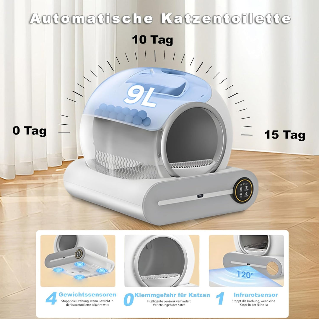 Selbstreinigende Katzentoilette, 65L+9L Selbstreinigende Toilette mit 5 Rollen Müllsäcken und 1 Fuss