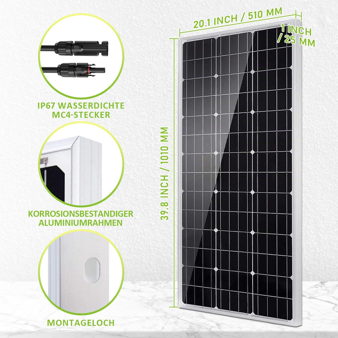 Topsolar 100W Solarpanel 12V mit Laderegler, Kabeln, 1