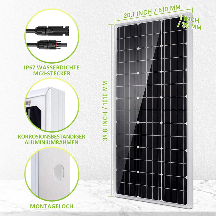 Topsolar 100W Solarpanel 12V mit Laderegler, Kabeln, 1