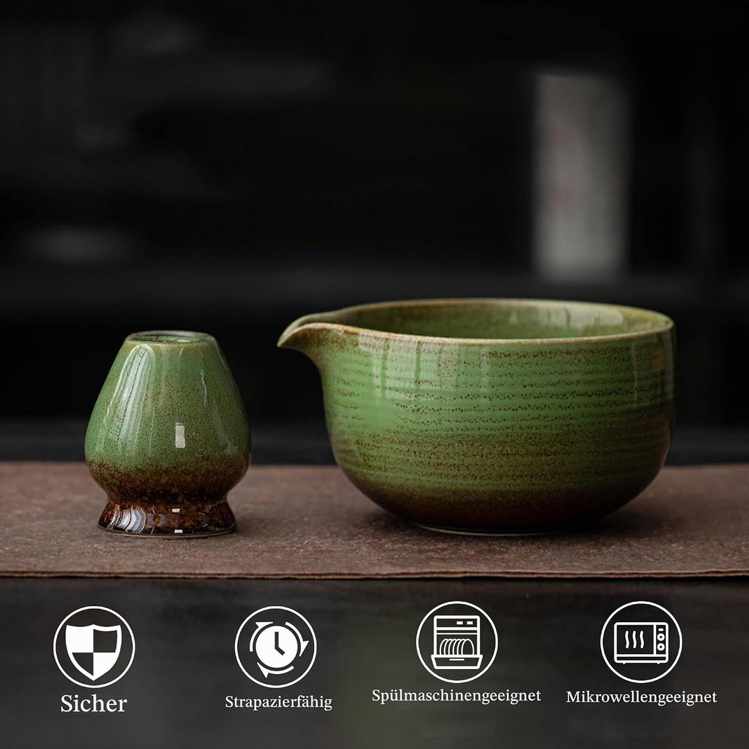 Matcha Set 2-teilig, Matcha Tee Set Blau mit Chawan Matcha-Schale (510 ml) &amp; Keramik-Besenhalter, Mi