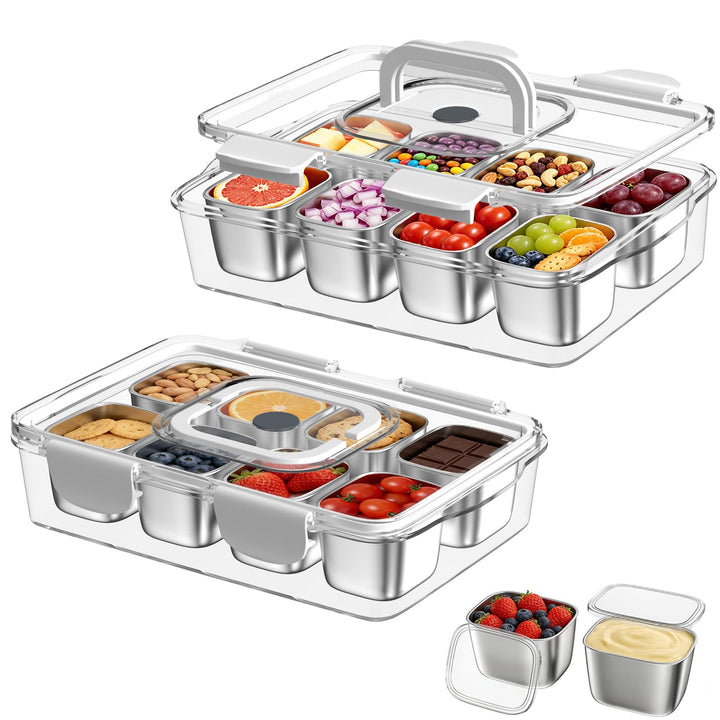 Snackbox Edelstahl mit 8 Fächern, 2 Stück Tragbar & Auslaufsicher Snackteller mit Deckel für Snacks,