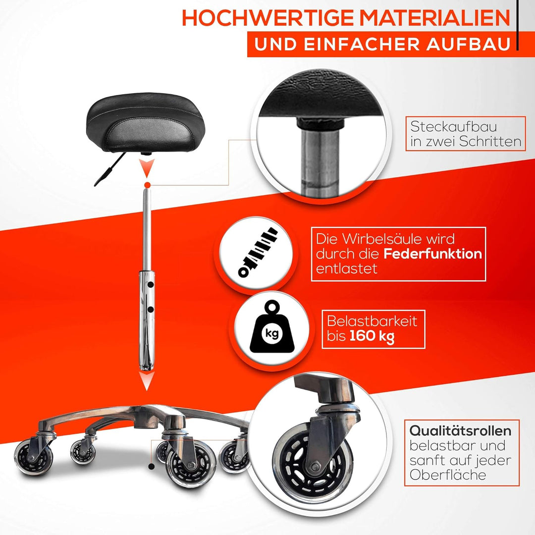 VAKON SALON - Breitsitz auf hochwertigen Rollen - höhenverstellbarer Drehhocker 55-75 cm, Rollhocker