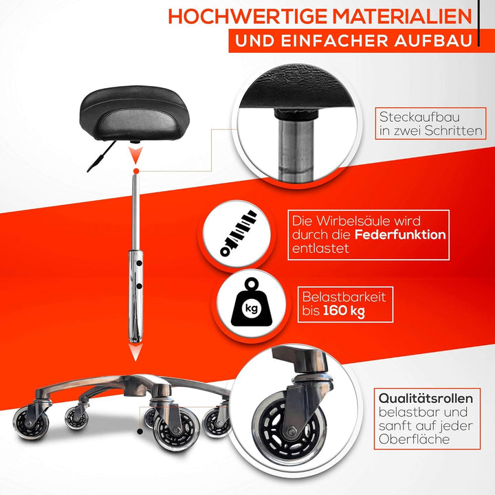 VAKON SALON - Breitsitz Rollhocker höhenverstellbar von 50-65 cm auf Premiumrollen, Drehhocker, Roll
