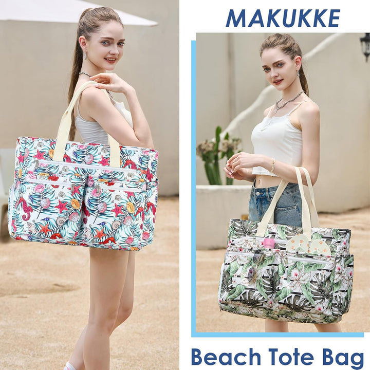 Makukke Strandtasche XXL, Gross Strandtasche mit Schuhfach Wasserdicht Sanddicht, Weekender Damen Fa