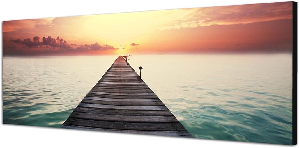 Paul Sinus Art Panoramabild auf Leinwand und Keilrahmen 150x50cm Meer Strand Steg Wolkenhimmel Abend
